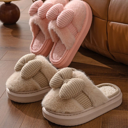 Women Fashion Plush Warm Bows Cotton Slippers Couple Winter New Thick Soft Sole Slides Men Indoor Floor Flat Home Non-slip Shoes