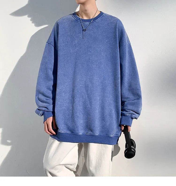 New Autumn Round Neck Washed  Men's Hoodie Sweatshirt  Couple Long Sleeve Loose Europe and America Street Boy Pullover Sweater