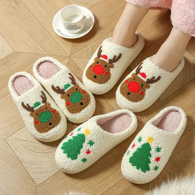 Autumn Winter Women's Christmas Slippers Men Soft Home Bedroom Flat Sandals Female Cute Plush Slides Couple Non-Slip Warm Shoes