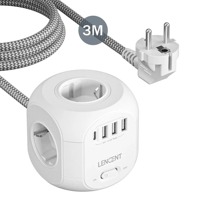LENCENT EU Plug Power Strip with 4 AC Outlets 3 USB Port 1 Type C 2M/3M Braided Cable Multi Socket with Switch for Home