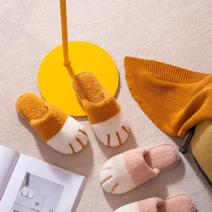 Comwarm Winter Warm Plush Slippers Cute Cat Paw Designer House Women Fur Slippers Floor Mute Bedroom Lovers Indoor Fluffy Shoes