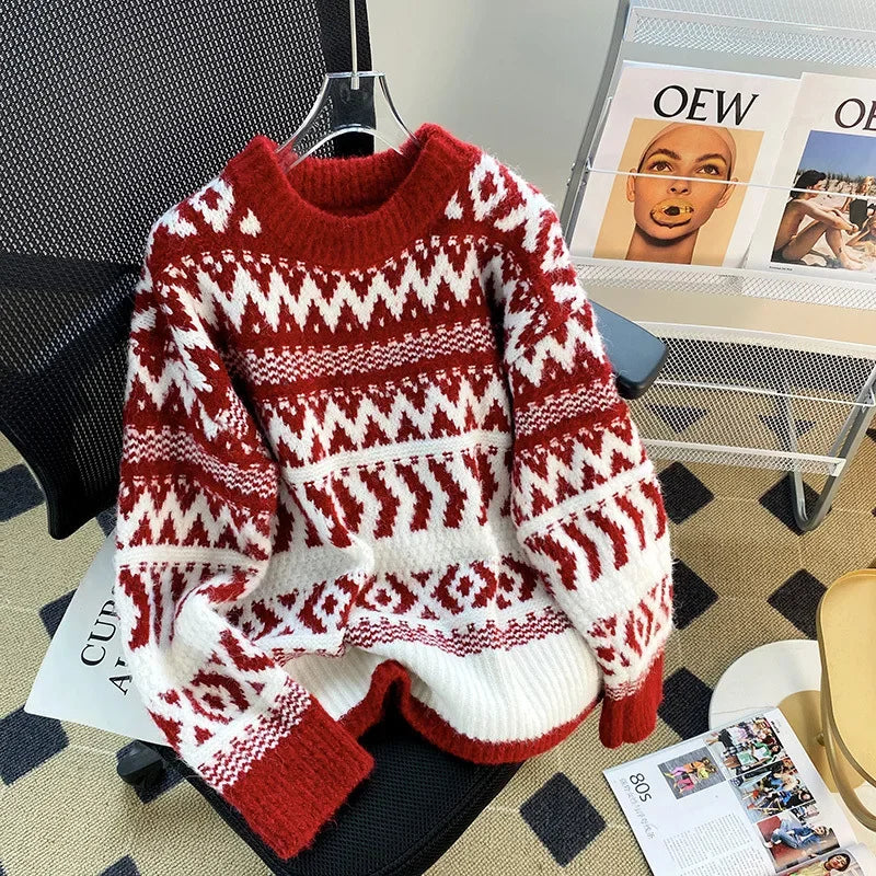 Vintage New Year Red Sweater Women's Autumn/Winter Outerwear Thickened Lazy Christmas Spirit Design Sensibility Loose-Fit Soft A