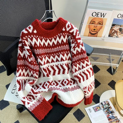 Vintage New Year Red Sweater Women's Autumn/Winter Outerwear Thickened Lazy Christmas Spirit Design Sensibility Loose-Fit Soft A