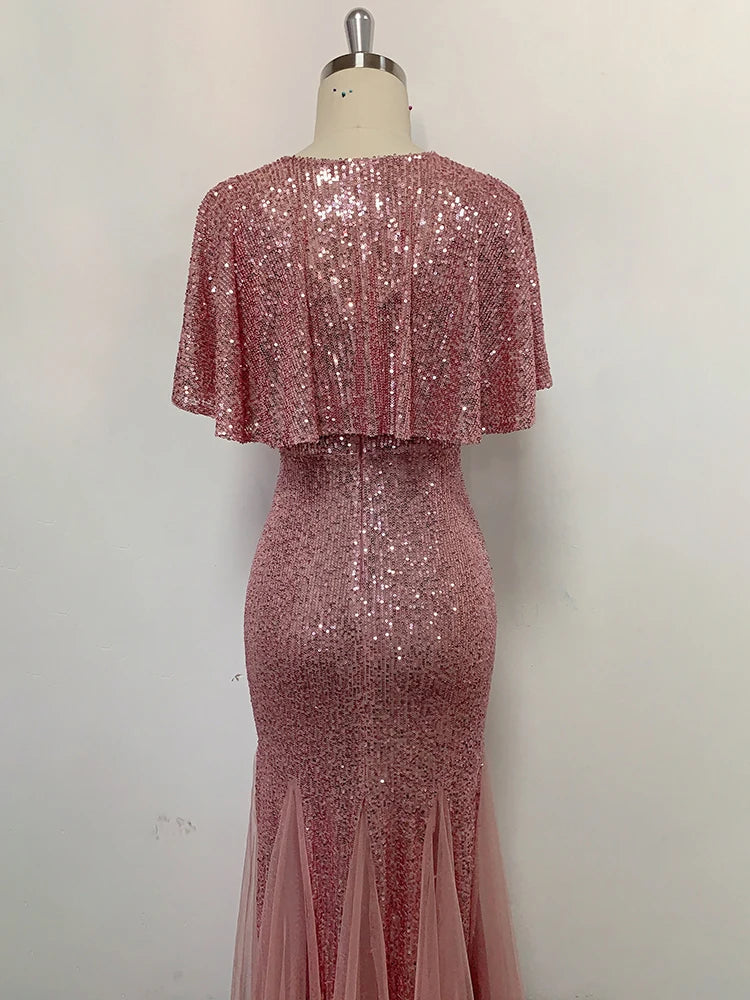 V-Neck Mermaid Dress with Shawl, Long Formal Prom Party Gown, Sequins Sleeveless, Sexy Evening Dress, Plus Size