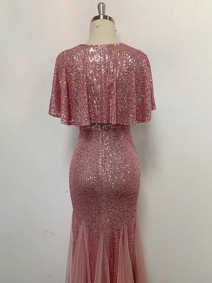 V-Neck Mermaid Dress with Shawl, Long Formal Prom Party Gown, Sequins Sleeveless, Sexy Evening Dress, Plus Size