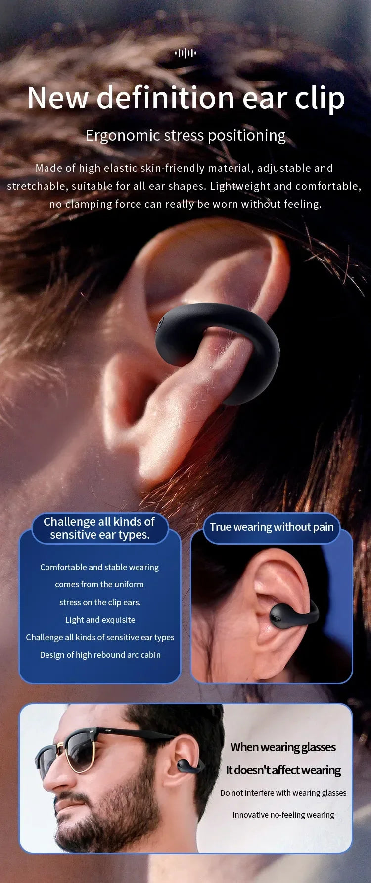 T75 Sport Bone-Conduction Bluetooth 5.3 Earphones HiFi Sound Wireless Headphones Earclip Waterproof Open Ear Headset Earring