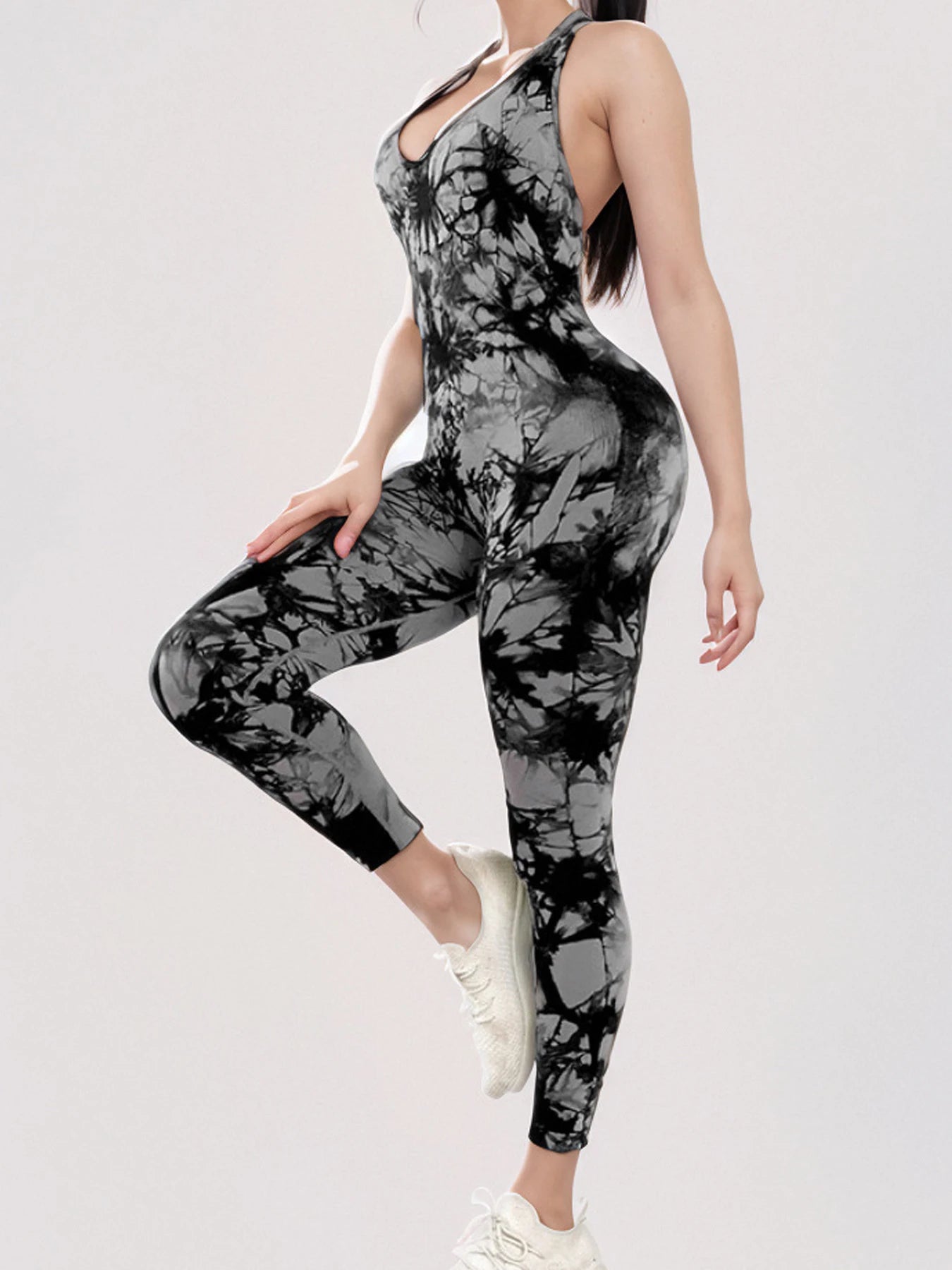 Women's Tie Dye Seamless Workout Jumpsuits One Piece Soft&Stretchy Fashion V-Neck Halter Open Back Yoga Sports Bodysuit