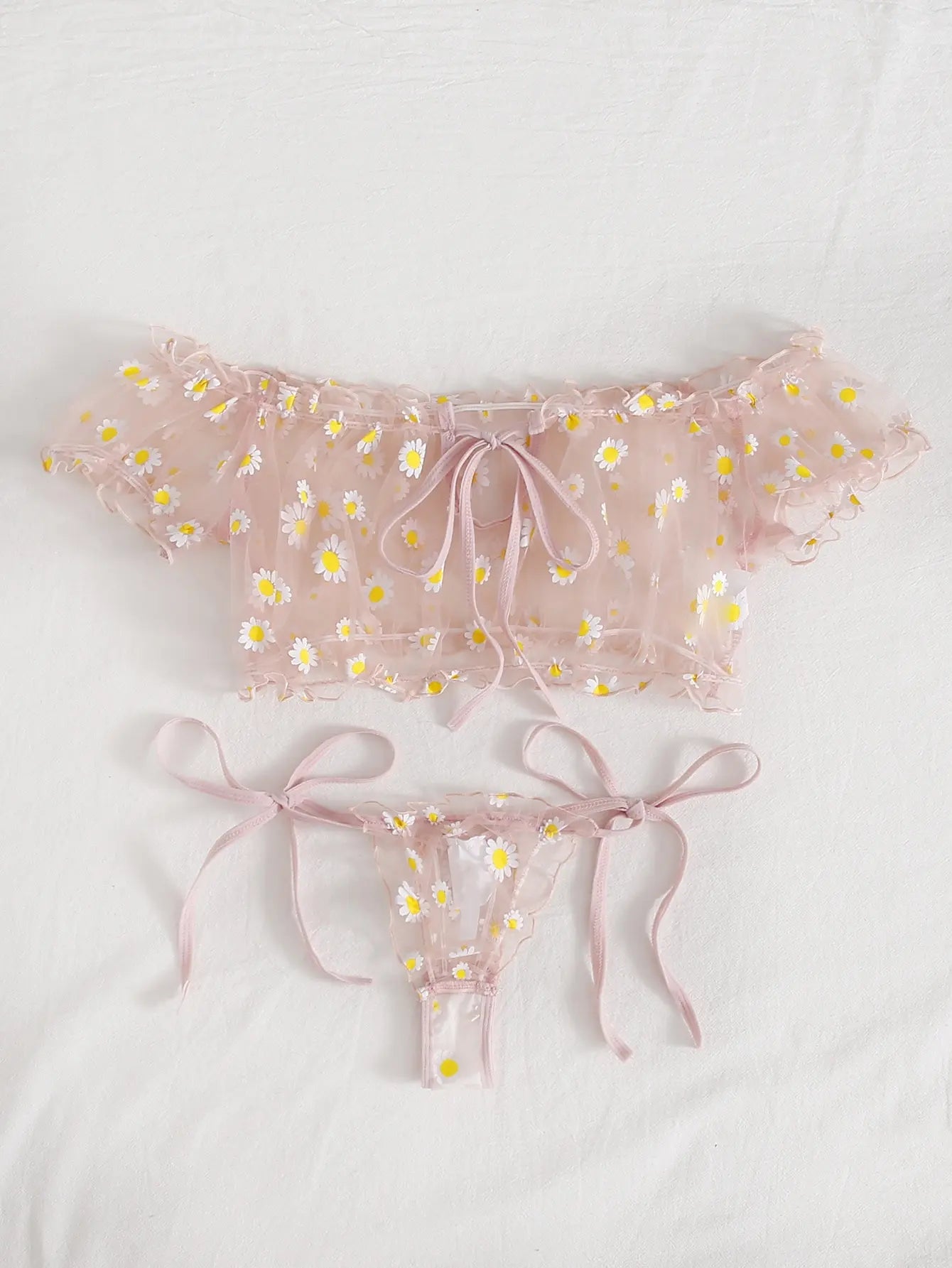 Sexy Fancy Lingerie Set 2 Pieces Transparent Halter Off Shoulder Women's Underwear Beautiful Daisy Print Bra And Panty Sets