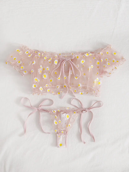 Sexy Fancy Lingerie Set 2 Pieces Transparent Halter Off Shoulder Women's Underwear Beautiful Daisy Print Bra And Panty Sets