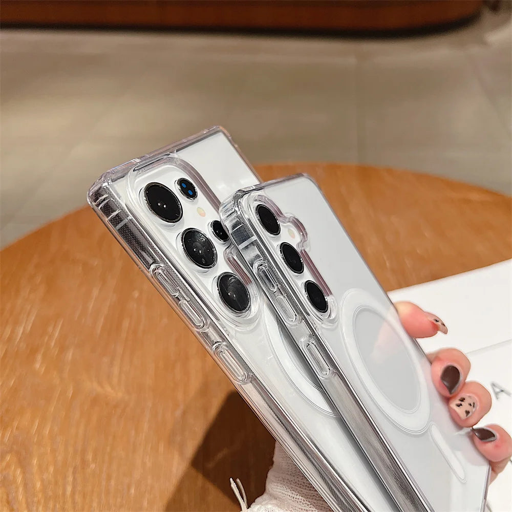 Magsafe Magnetic Charge Phone Case For Samsung Galaxy S25 S24 S23 Ultra S22 Plus S21 FE A16 A15 A35 A55 Clear Acrylic Slim Cover