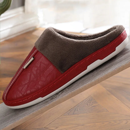 Warm Men's slippers Winter Casual Indoor Waterproof PU Leather Women Home Cotton shoes Fur Flat Cotton Bedroom Houseshoes