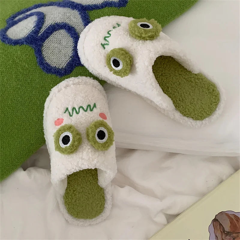 Women Faux Fur Slippers Cute Cartoon Frog Home Slipper Women Men Winter Warm Shoes Soft Plush Lovers Indoor House Floor Slides