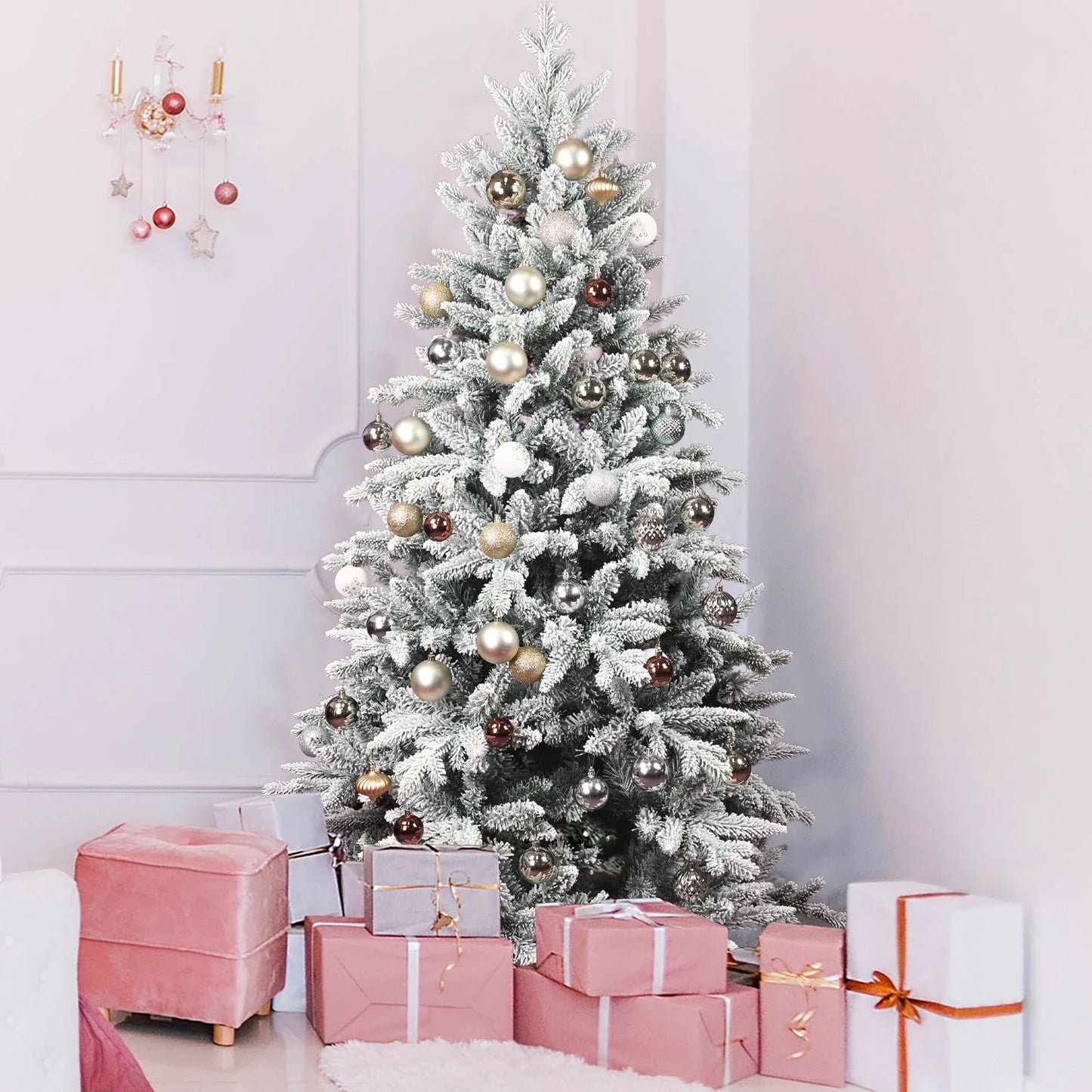 152/213cm Artificial Christmas Decoration Tree 694/1401 Branch Tips Flocked Xmas Tree Sturdy Metal Stand Auto-Spread/Close up