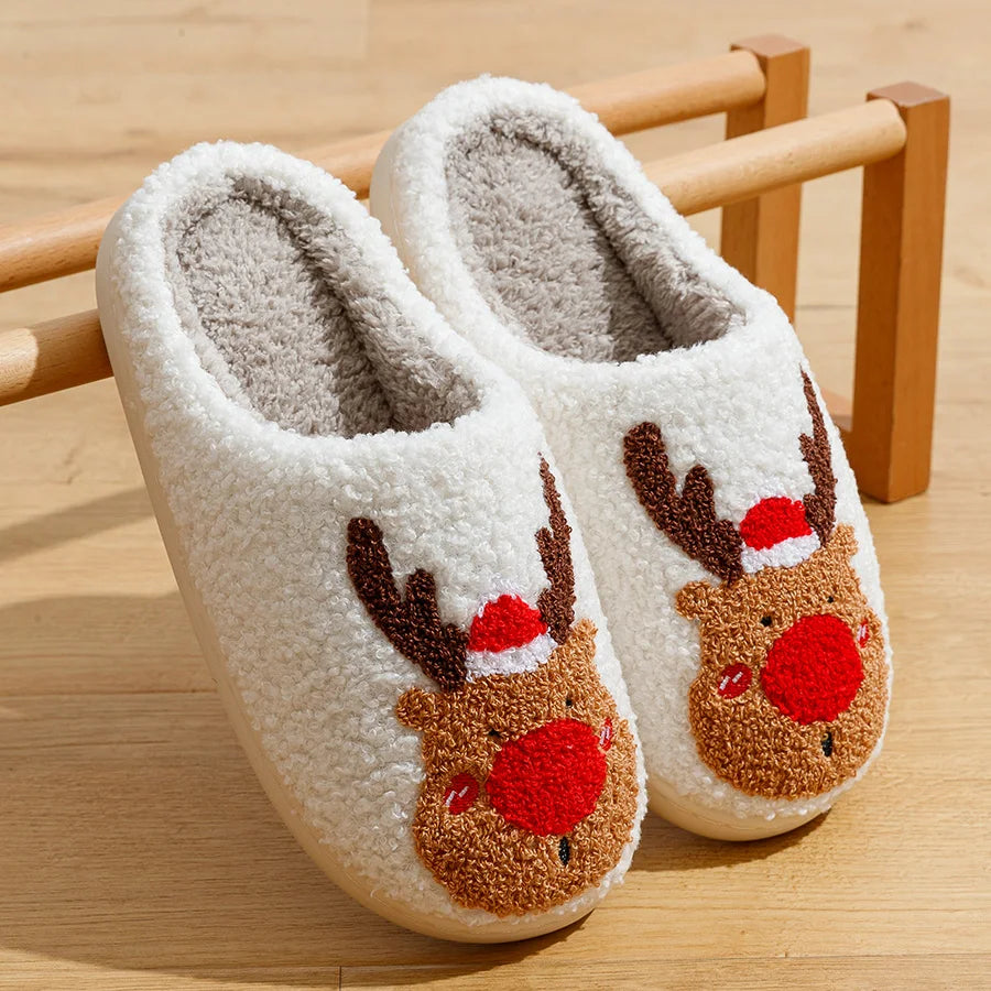 Cute Elk Christmas Slippers Winter Warm Soft TPR Thicken Sole Women Men Houseshoes Cushion Slides