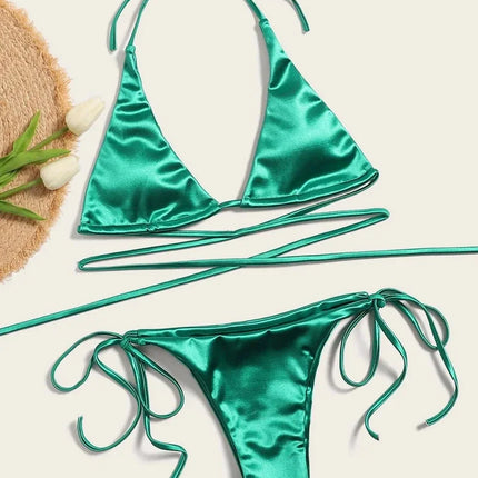 Halter Brazilian Metallic Satin Bikini Women Swimwear Female Swimsuit Two-pieces Bikini Set High Cut Bathing Suit Swim Beachwear