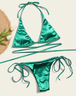 Halter Brazilian Metallic Satin Bikini Women Swimwear Female Swimsuit Two-pieces Bikini Set High Cut Bathing Suit Swim Beachwear