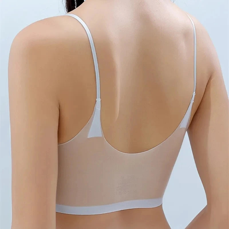 Ultra-thin Ice Silk Padded Bra Seamless Underwear Women's Thin Section  Sling Beautiful Back Vest Tops Big Chest Small Sleep Bra