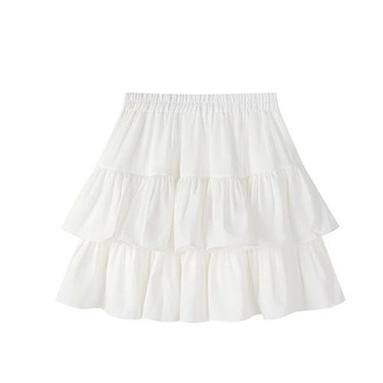 Pleated A-Line Skirt Women White Ruffle Sweet Tierred Pretty Style Skirt Elastic Waist Summer Slim Basic Korean Harajuku Dress