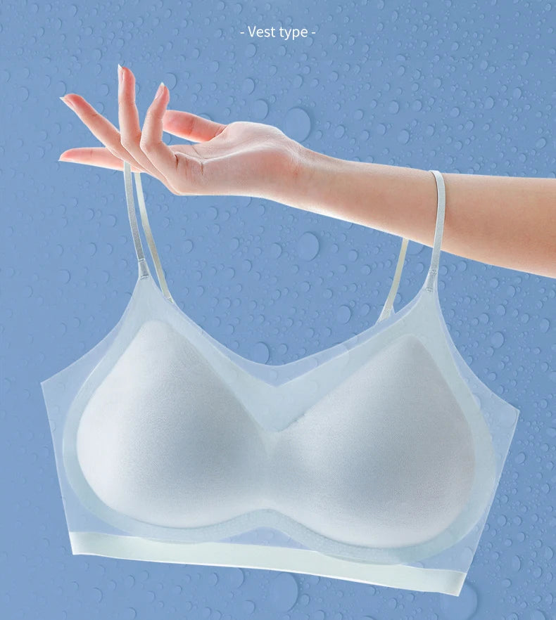 Ultra-thin Ice Silk Padded Bra Seamless Underwear Women's Thin Section  Sling Beautiful Back Vest Tops Big Chest Small Sleep Bra
