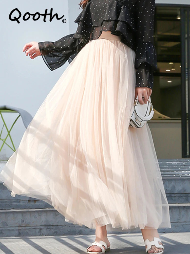 Qooth 3 Layers Mesh Long Tulle Skirt Elastic Waist Elegant High Waist Ball Gown Gauze Tutu Skirt For Spring Autumn QT2001