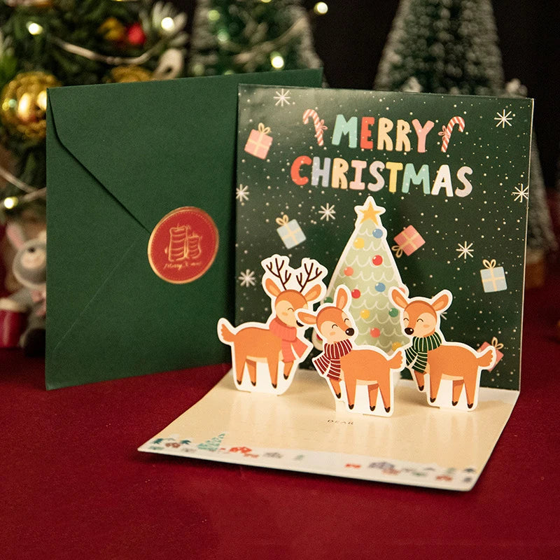 5/1PCS 3D Pop UP Christmas Greeting Cards with Envelope Friend Family Blessing Postcard Birthday New Year Christmas Decoration