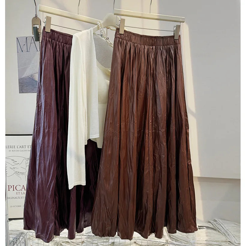 Seoulish Autumn Winter Vintage PU Women's Long Skirts Solid High Waist Korean Pleated Umbrella Skirts Female 2024 New