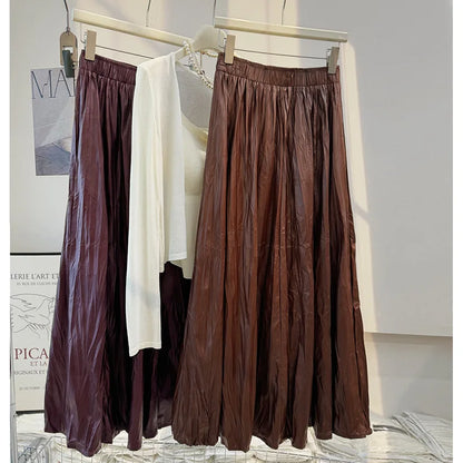 Seoulish Autumn Winter Vintage PU Women's Long Skirts Solid High Waist Korean Pleated Umbrella Skirts Female 2024 New