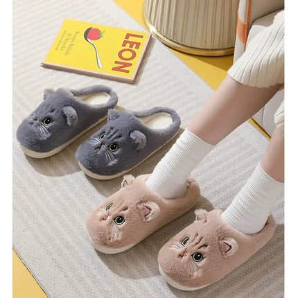 Cute Cat Slippers Fluffy Furry Women Home Platform Slippers Men Winter Plush Slides Indoor Fuzzy Slippers Lovely Cotton Shoes