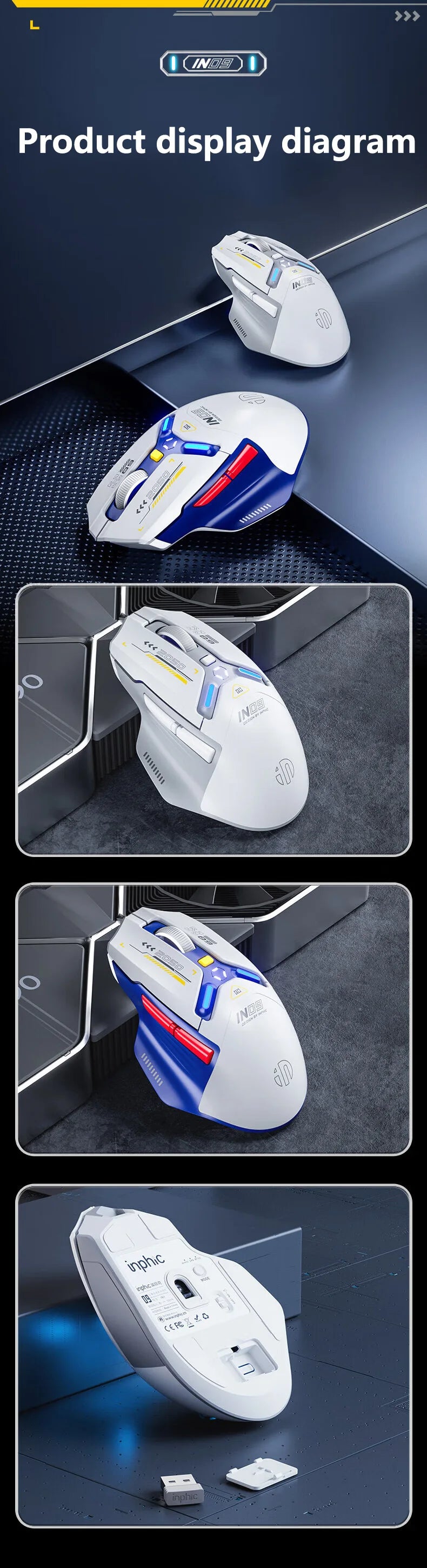 Inphic IN9 Wireless Gaming Mouse Rechargeable Ergonomics Bluetooth Mouse RGB Lighting Effect Desktop Computer Laptop Universal