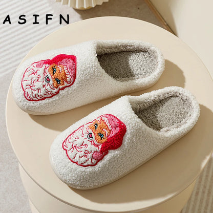 Fashion Winter Christmas Santa Claus Slippers Houseshoes Women Comfy Home Flat Slip-on Bedroom Cute Pink Christmas Party Shoes