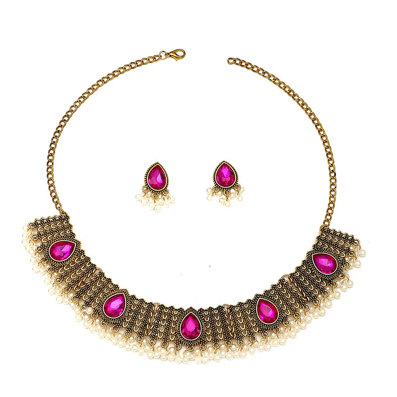 3 PCS Vintage Indian Style Alloy Necklace Earrings Set Exotic Exquisite Pearl Rhinestone Tassel Collar Chain Earrings Palace