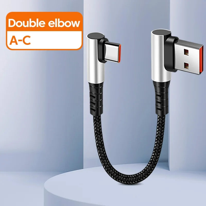 6A 0.25 0.5M Short Cable 90 Degree Elbow USB A Type C to Type C Cable Fast Charging Data Cord Power Bank Wire For iPhone 15 IPad