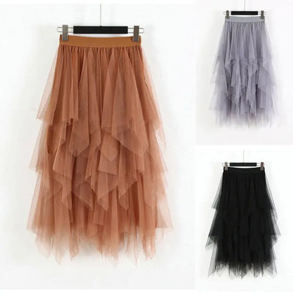 Women's Tulle Skirts Mesh Layered Elastic High Waist Tutu Midi Skirt Pleated Mesh A-Lines Skirt