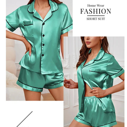 Womens Satin Pajamas Set Luxurious Short Sleeve Turn-down collar Button Top & Shorts Sleepwear & Loungewear for Summer Nightwear