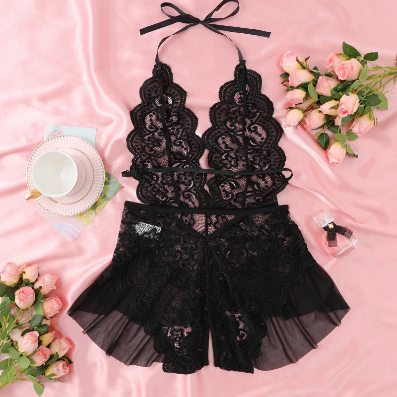 Women's Hollow Crotchless Bodysuit Slim Fit Erotic Mesh Lace Jumpsuit Bodysuit Summer Sexy Fashion Sleepwear Dress