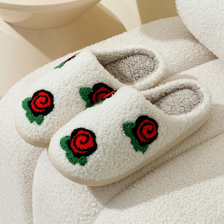 Women's Slippers Valentine's Day Rose Embroidery Fuzzy Romantic Love Comfy Flat Girl Valentine Gift Winter Home Shoes
