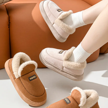 Comwarm Women Cotton Slippers Winter Warm Plush Lined Outdoor Slides Couple Non-slip Furry House Slippers Soft Cozy Cotton Shoes