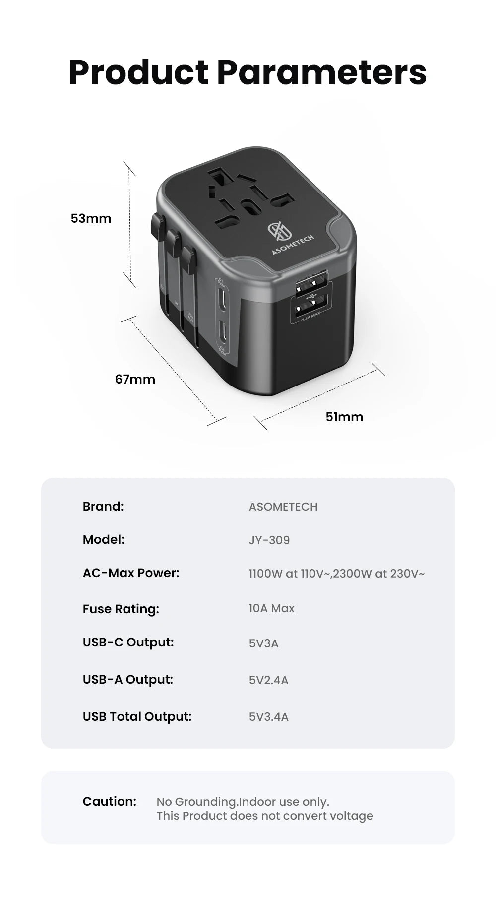 ASOMETECH International Travel Adapter USB Charger 2 USB and 2 Type C Port All-in-one Wall Charger for US EU UK AUS Travel