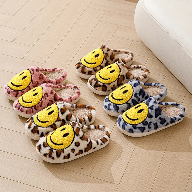 Leopard Fluffy Slippers for Home Smile Designer Platform Shoes Women 2024 Indoor Plush Sliders Warm Flats Chic Winter Footwear