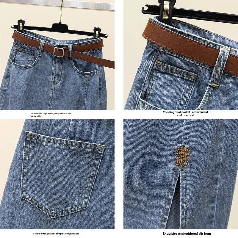 Clearance Sale: High-Waisted Embroidered Denim Skirt Women's Summer A- Line Side Slit Specialty Store Clothing