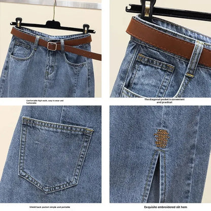 Clearance Sale: High-Waisted Embroidered Denim Skirt Women's Summer A- Line Side Slit Specialty Store Clothing