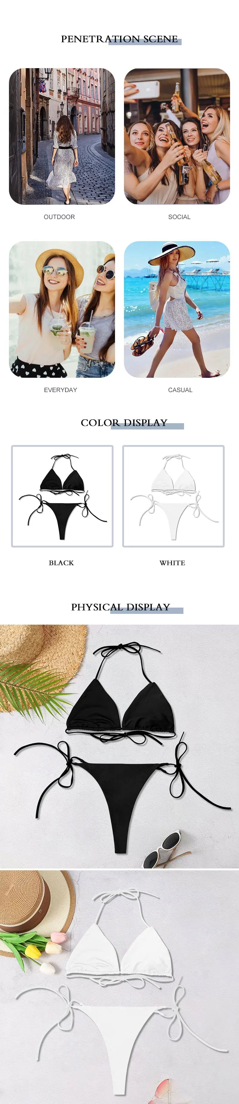 2025 New Women's Solid-color Separate Beach Wear Sexy Halter Three-point Bikini Backless Adjustable Lace-up Swimsuit