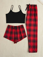 3Pcs Women's Pajama Set Camisole Shorts Trousers Three-Piece Bow Tie Home Wear Set Plaid Print Sleepwear for Women Christmas pjs