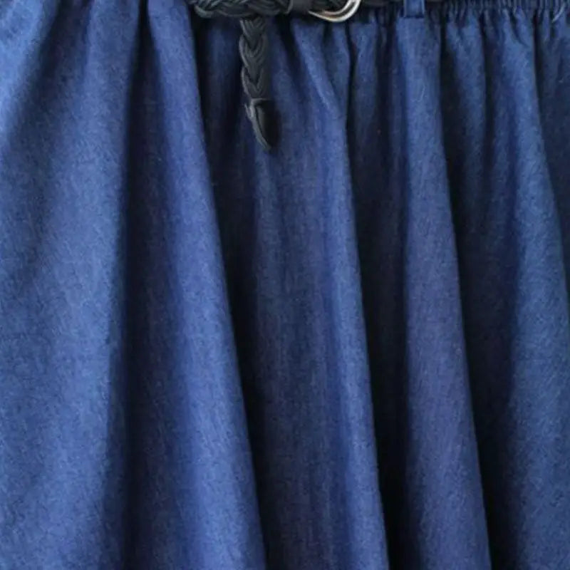 Women Skirt Sweet Vintage Literary Style Elastic High Waist Solid Color Wild A-Line Denim Long Paragraph