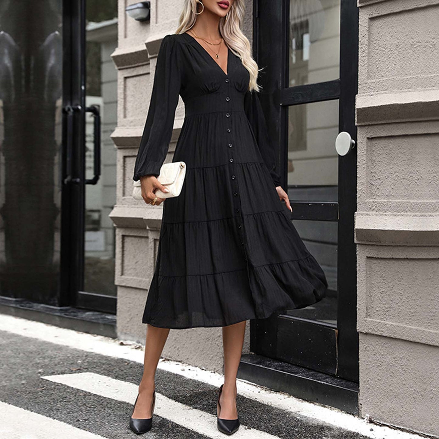 Women Classic Black Commute Casual Dress Sexy Long Sleeve Deep V High Slit T Shirt Dresses Elegance Chic Evenign Party Vestidos