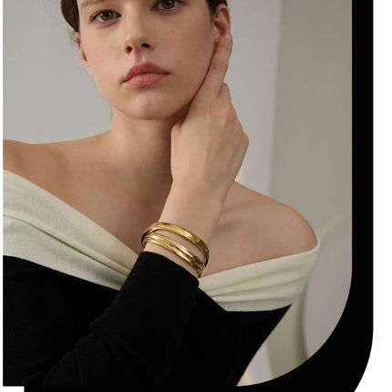 Yhpup 60mm Waterproof 316L Stainless Steel Round Smooth Bracelet Bangle Women Minimalist 18k Gold Color Texture Charm Jewelry