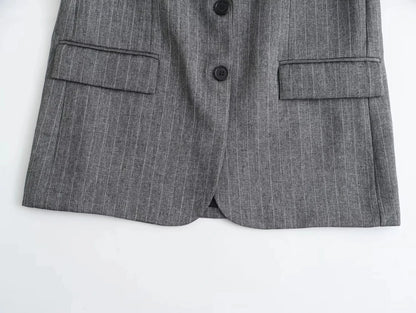 TRAF 2024 Spring Women Fashion Grey 2 Piece Sets Woman Pinstripes Pockets Slim Blazer Coat + Zipper Versatile Female Mini Skirts