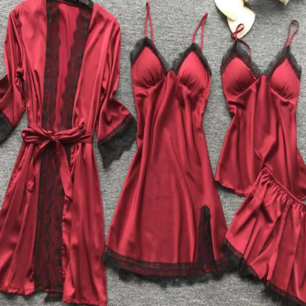 4PCS Sleepwear Pajamas Set Silk Women Nightdress Lace Dress Robe Sleep Nightwear Silk Solid Color Pijama Sets
