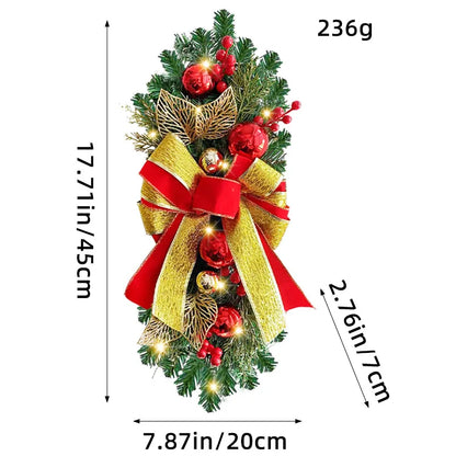 Christmas Wreath Door Decoration LED Staircase Red Rattan Bow Door Wreath Pine Cone Decoration Christmas Wreath Home Decor