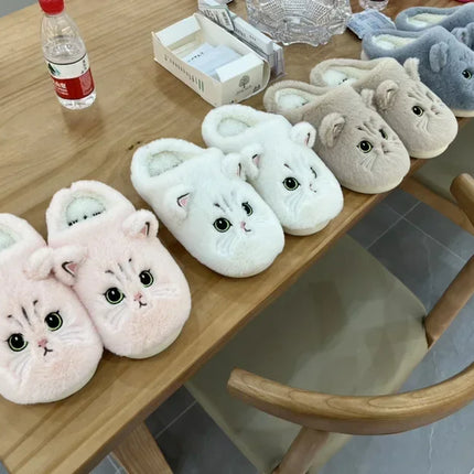 Cute Cat Slippers Fluffy Furry Women Home Platform Slippers Men Winter Plush Slides Indoor Fuzzy Slippers Lovely Cotton Shoes